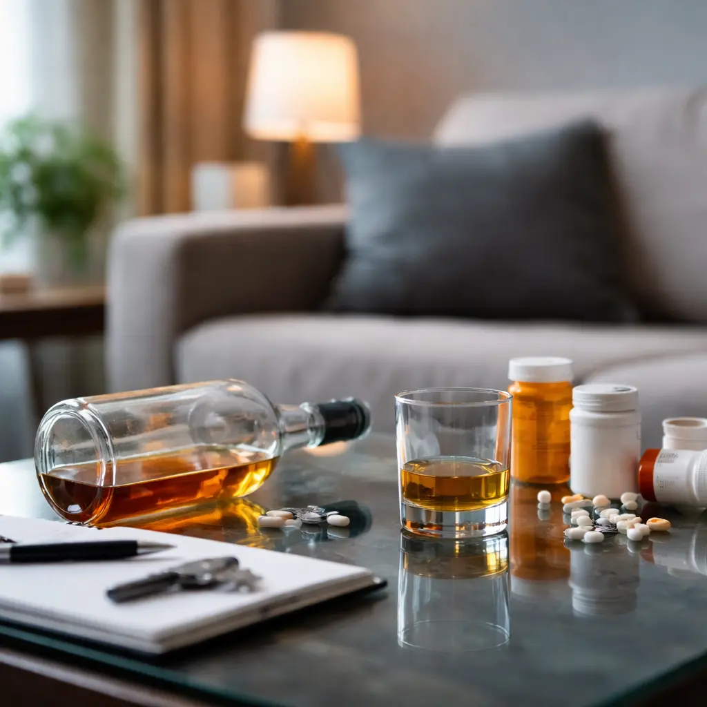 Photorealistic living room scene with an empty liquor bottle and glass on a coffee table, representing alcohol withdrawal symptoms and alcohol-induced psychosis risks.
