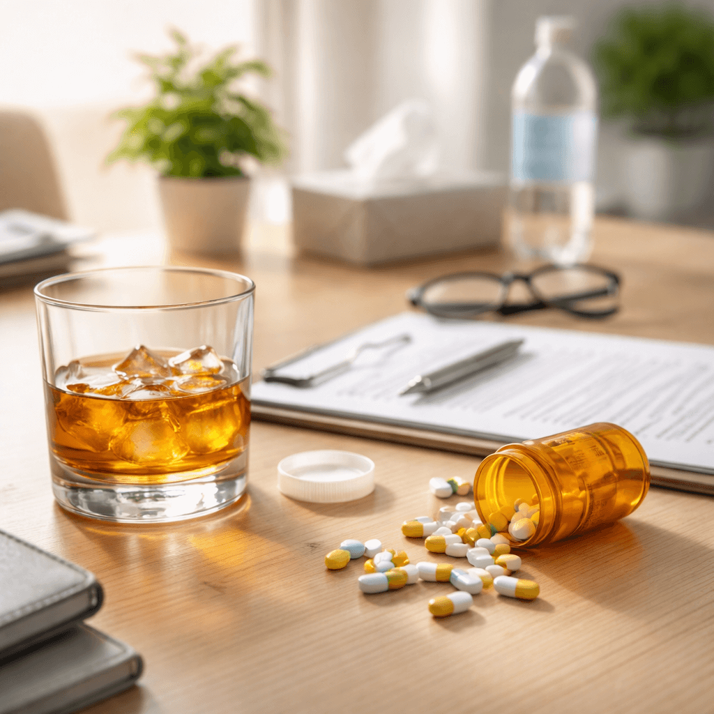 Glass of alcohol next to spilled prescription pills on a desk, representing alcohol as a central nervous system depressant and the risks of mixing CNS depressants during withdrawal.