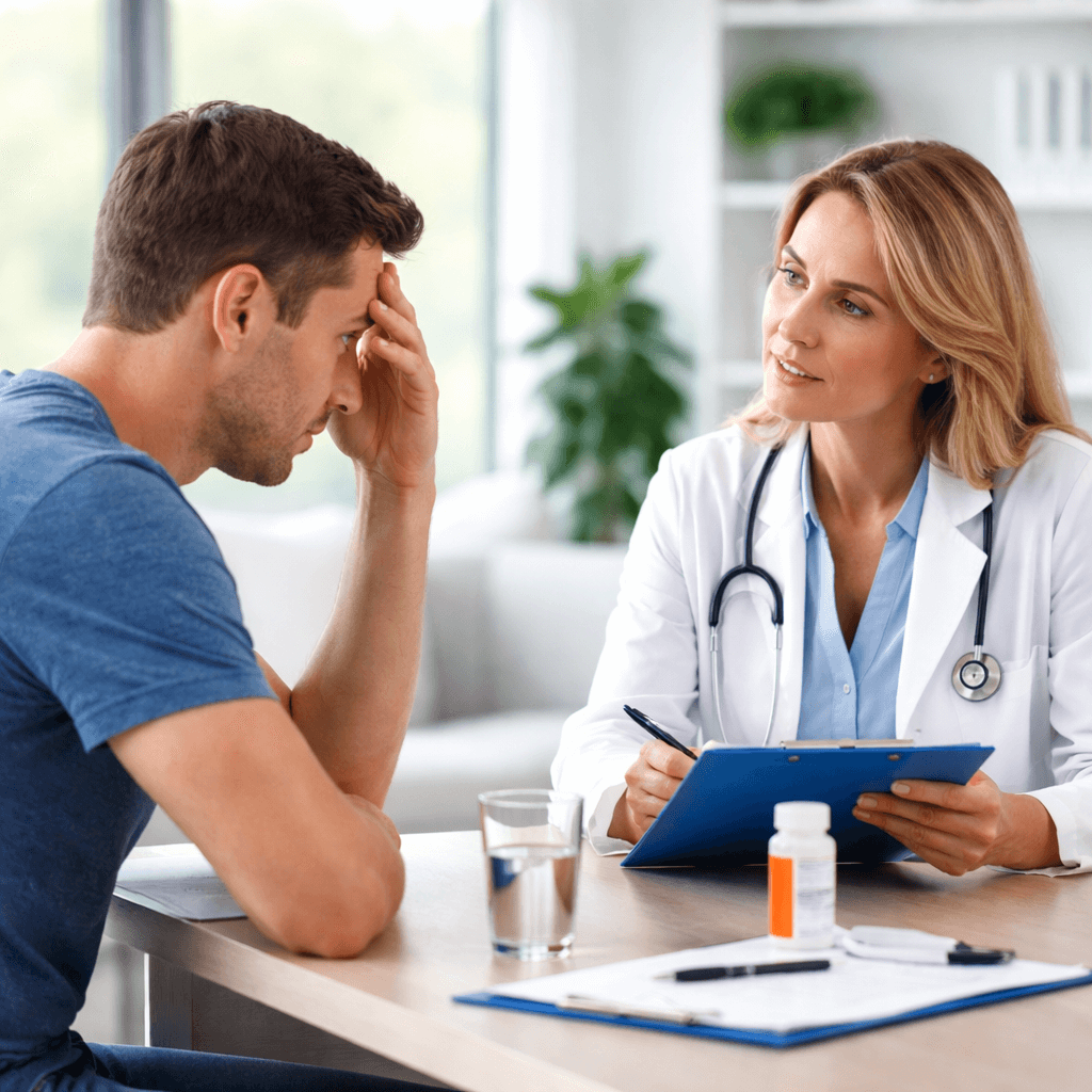 Patient discussing concussion symptoms and alcohol use with a medical professional during a clinical consultation