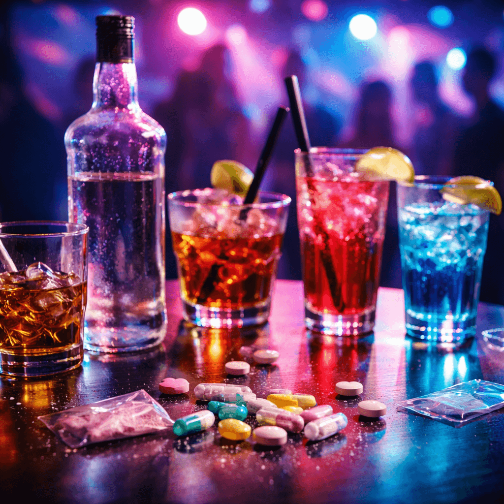 Alcohol and MDMA pills on a table with mixed drinks in a nightclub setting, illustrating the risks of drinking on molly.