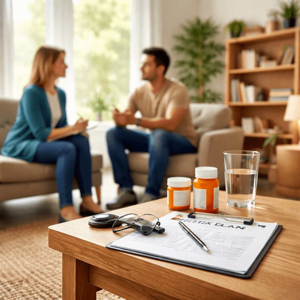Person discussing alcohol withdrawal and lorazepam safety with a clinician during a medical detox consultation in Austin, Texas.
