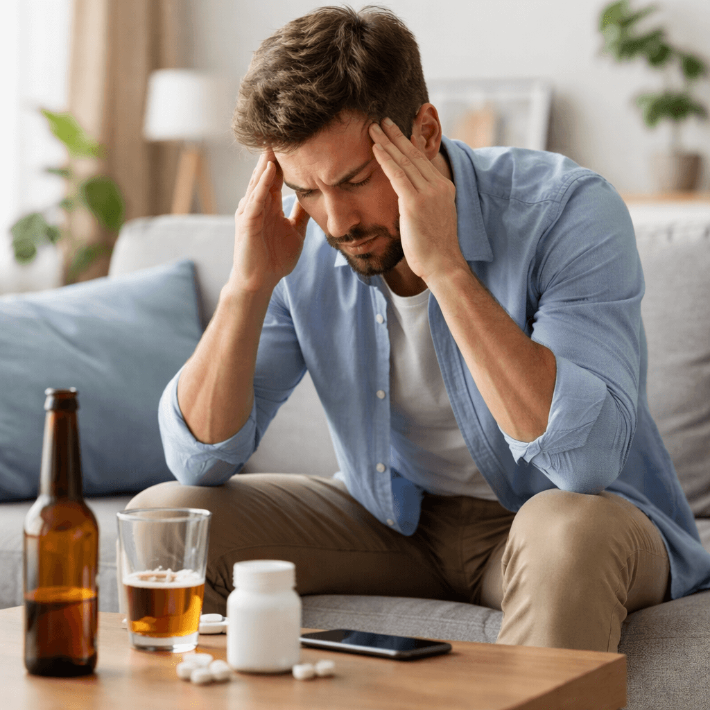Man experiencing anxiety and panic symptoms while sitting on a couch after drinking alcohol, illustrating alcohol-related panic attacks and withdrawal anxiety.
