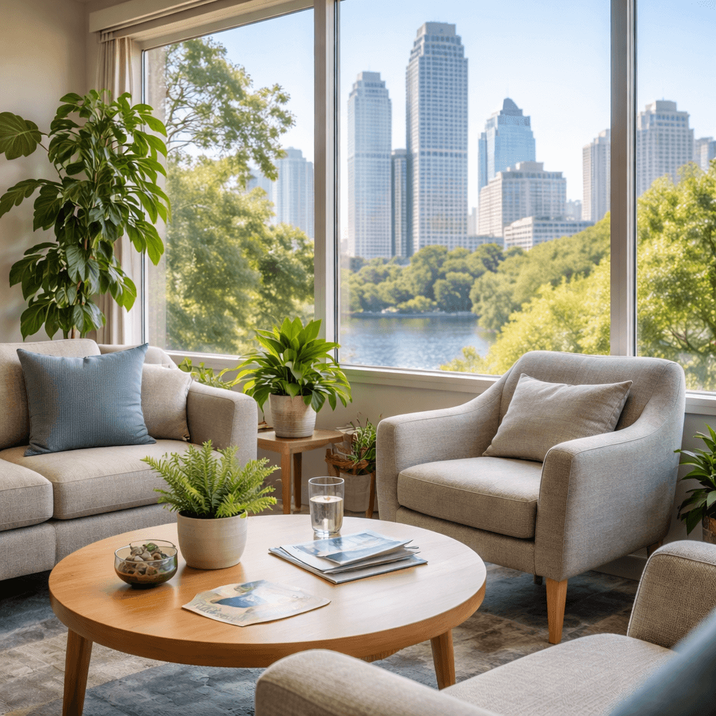 Calm, welcoming detox waiting area in Austin designed to support addiction recovery and alcohol withdrawal care.