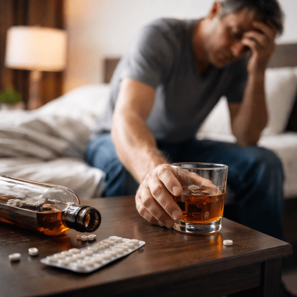Distressed adult sitting on a bed beside a glass of alcohol and spilled pills, representing serious alcohol-related health risks and internal bleeding from alcohol symptoms.