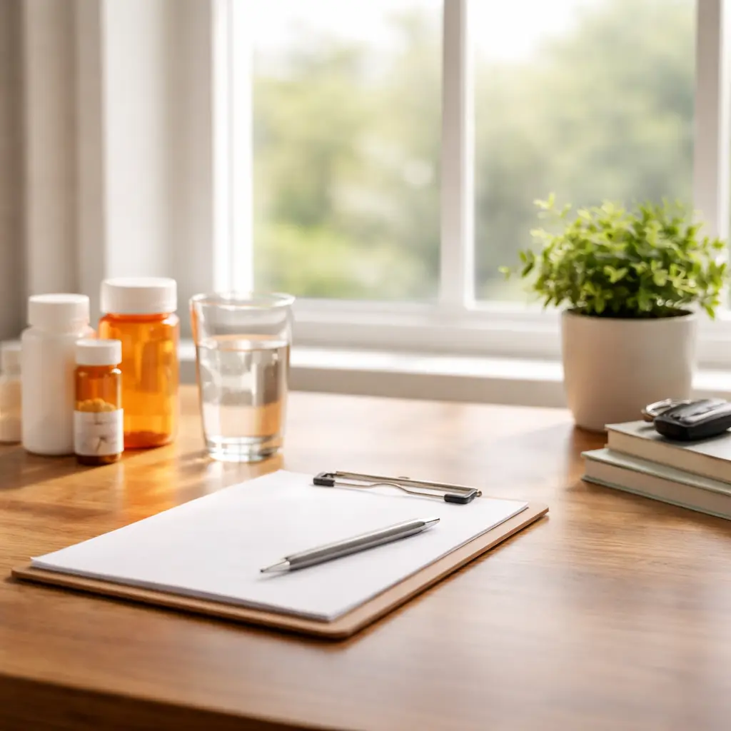 A clean, sunlit desk with a notepad, pen, prescription bottles, and a glass of water representing addiction recovery resources and planning during active addiction.