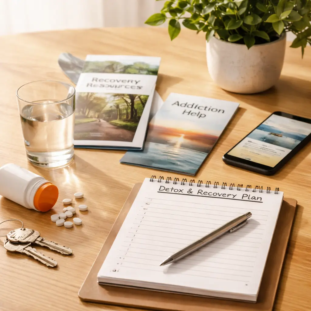 Calm tabletop scene representing addiction recovery resources with a notebook, pen, phone, medication container, and brochures in natural light.
